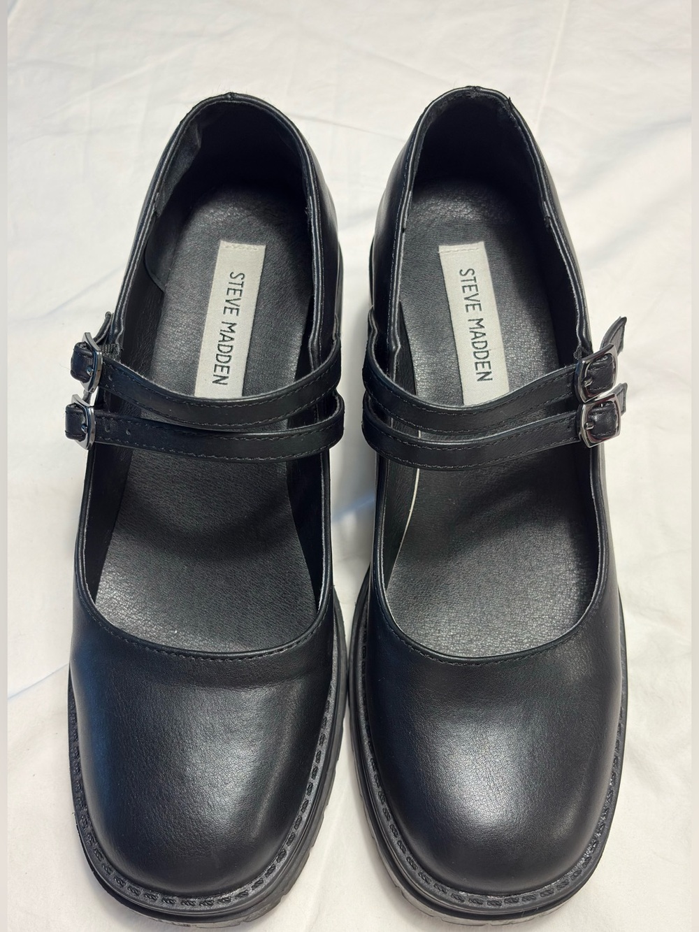 Steve Madden Bubbly Black Double Strap Chunky Mary Jane Platform Heels | Size 10